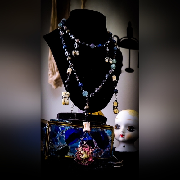Artisan Necklace, Earring Set - Real Animal Bones, Crystal Beads, Upcycled - Picture 2 of 5